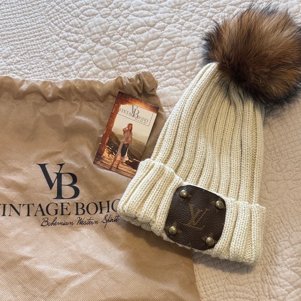 Vintage Boho Cream Knit Hat with Brown Pom